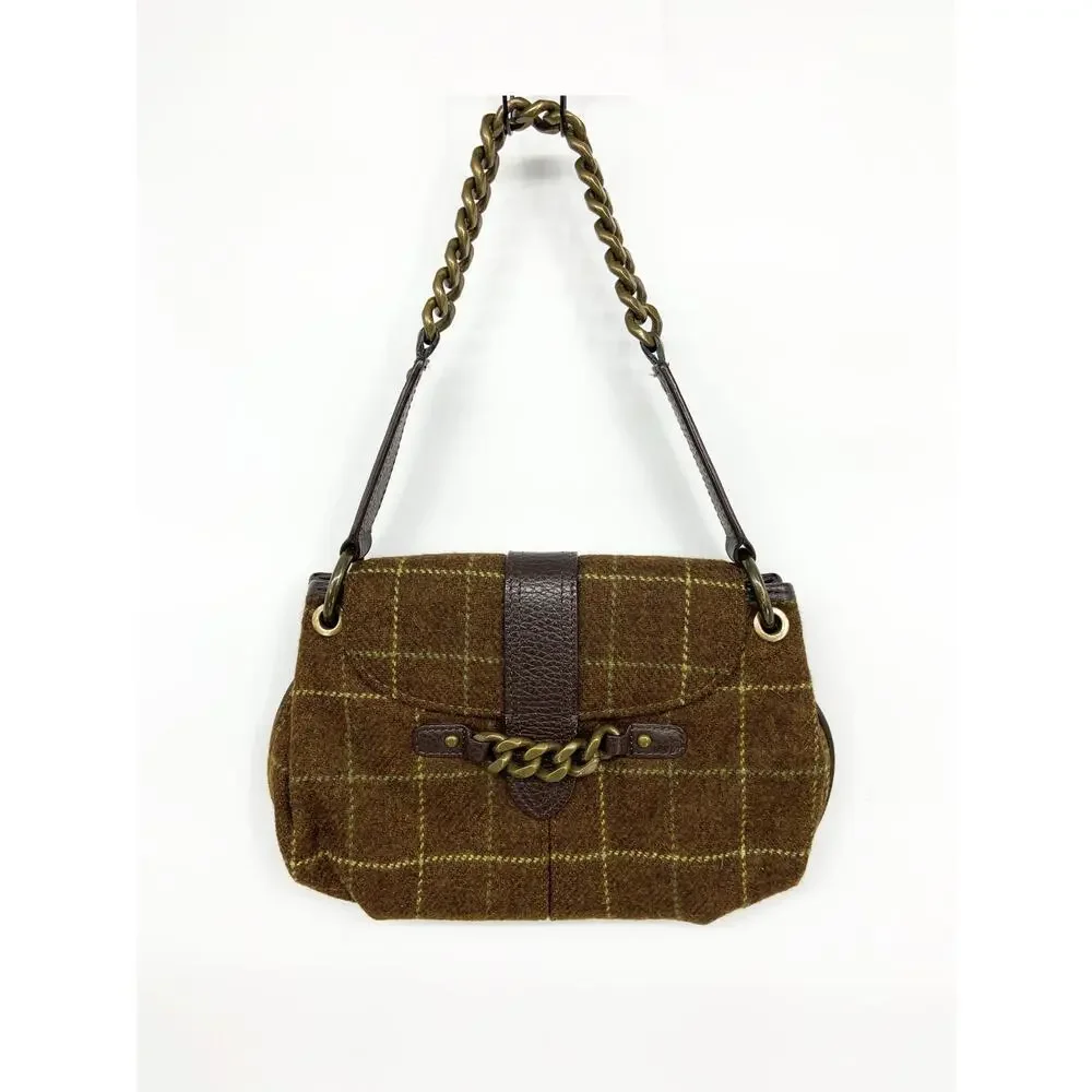 J. Crew 100% Wool Brown Window Pane Check Chain and Leather Trim Shoulder Bag